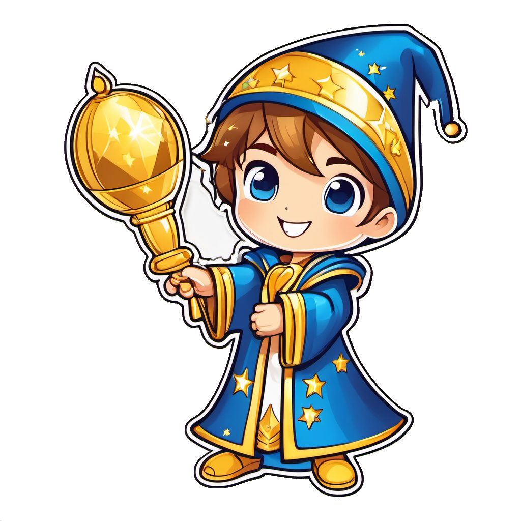 Drew, a cheerful boy wizard in a blue and gold robe